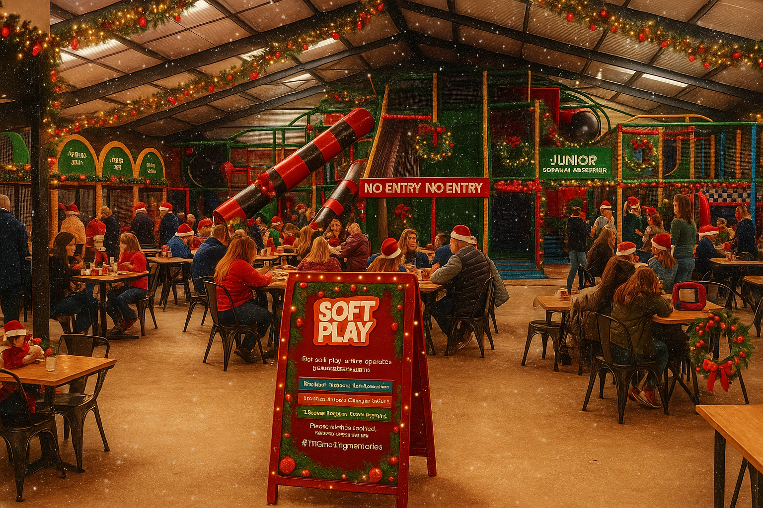 Inside soft play with slides galore, climbing volcano and more.